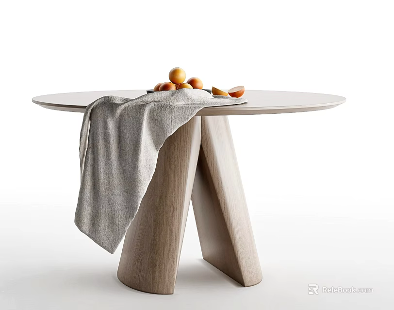 Round Wooden Dining Table with Gray Cloth and Fresh Oranges 3d model 