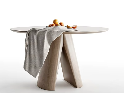 Round Wooden Dining Table with Gray Cloth and Fresh Oranges 3d model