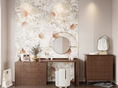 Elegant Vanity Interior With Floral Wallpaper Round Mirror Wooden Drawers Vase Table Lamp And Magazines 3d model
