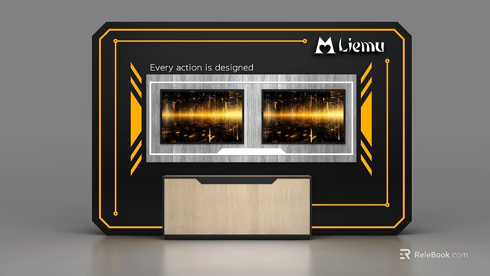 Liemu Commercial Equipment with Screens Showing Golden Waves and Wooden Panel for Designed Actions 3d model 