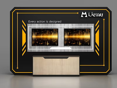 Liemu Commercial Equipment with Screens Showing Golden Waves and Wooden Panel for Designed Actions 3d model