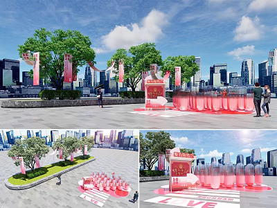 Vibrant Outdoor Interactive Zone With Red Decorations Trees City Skyline And People 3d model