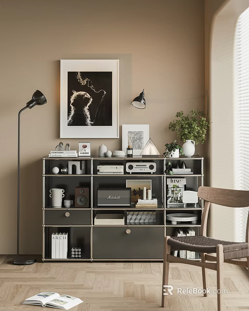 Modern Stylish Decorative Cabinet with Books Ornaments and Potted Plant in Living Room Interior 3d model 