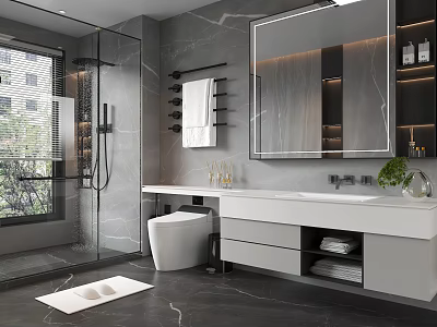 Modern Bathroom Interior Design With Gray Marble Shower Area Vanity Large Mirror And Storage Cabinets 3d model