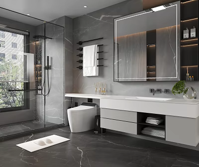 Modern Bathroom Interior Design With Gray Marble Shower Area Vanity Large Mirror And Storage Cabinets 3d model