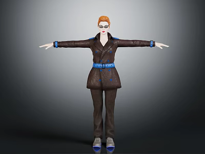Red Haired Female Character In Brown Suit With Blue Details Standing With Arms Outstretched 3d model