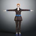 Red Haired Female Character In Brown Suit With Blue Details Standing With Arms Outstretched