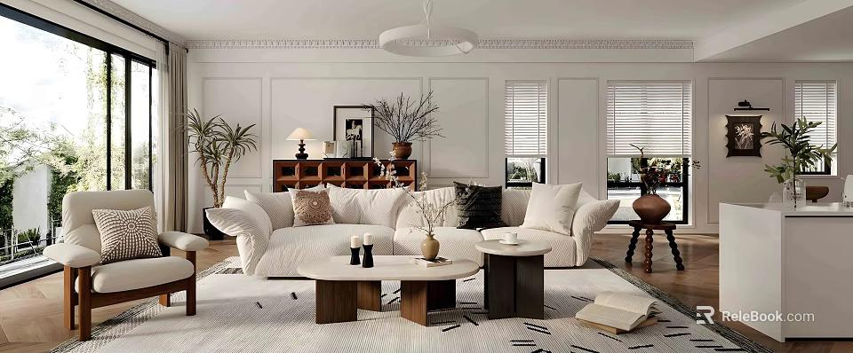 Modern Living Room Interior Design With White Sofa Coffee Table And Plants 3d model 