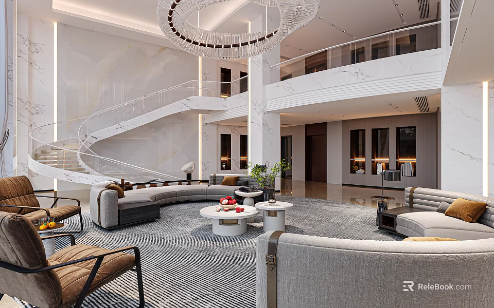 Luxury Modern Living Room Interior Design With Spiral Staircase Crystal Chandelier And Coffee Tables 3d model 