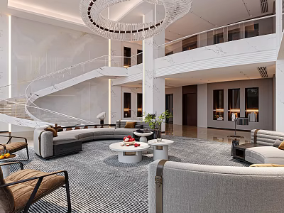 Luxury Modern Living Room Interior Design With Spiral Staircase Crystal Chandelier And Coffee Tables 3d model