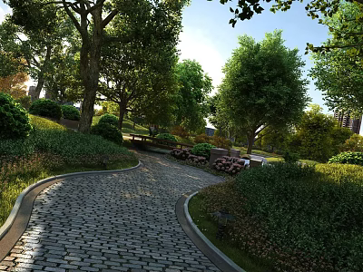 Scenic Park Landscape With Winding Cobblestone Path Trees Benches And Shrubs 3d model