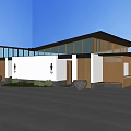 Modern Traditional House Exterior With Sloped Roof Glass Windows Wooden Structure And Courtyard