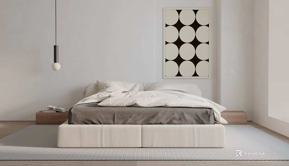 Modern Bedroom with Double Bed White Walls Black and White Circular Art Pendant Light 3d model 