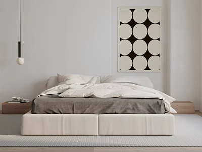 Modern Bedroom with Double Bed White Walls Black and White Circular Art Pendant Light 3d model