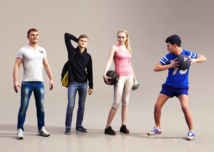 Group of People Exercising In Various Poses With Fitness Balls And Sportswear 3d model