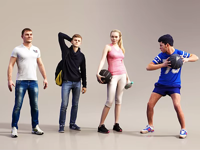 Group of People Exercising In Various Poses With Fitness Balls And Sportswear 3d model