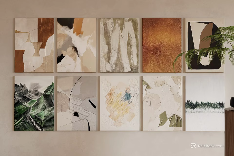 Abstract Paintings Collection Featuring Multiple Styles Natural Tones And Geometric Designs On Wall 3d model 