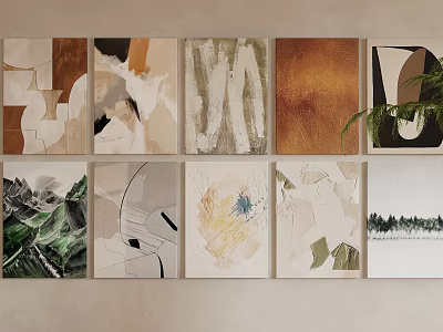Abstract Paintings Collection Featuring Multiple Styles Natural Tones And Geometric Designs On Wall 3d model