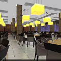 Spacious Banquet Hall Interior With Yellow Pendant Lights Columns Dining Tables And Chairs