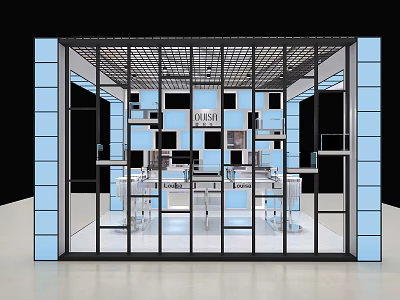 Modern Glass Framed ALBINI Showroom With Blue Design And Display Shelves 3d model