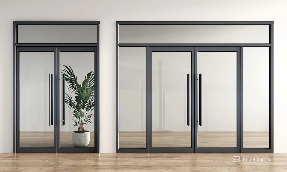 Modern Glass Entrance Doors In Minimalist Interior With Potted Plant 3d model 