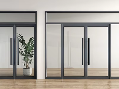 Modern Glass Entrance Doors In Minimalist Interior With Potted Plant 3d model