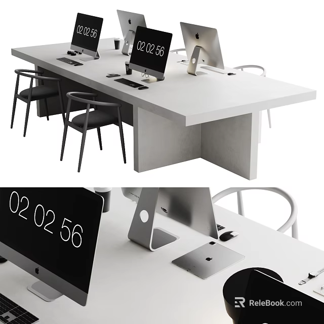Modern Office Desk With Multiple Computer Monitors Ergonomic Chairs And Digital Time 3d model 