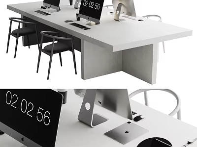 Modern Office Desk With Multiple Computer Monitors Ergonomic Chairs And Digital Time 3d model