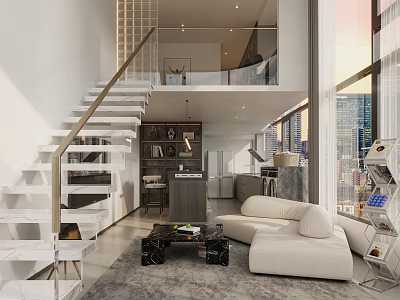 Modern Apartment Interior With Staircase Large Windows And Sofa 3d model