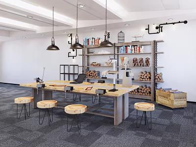Book Art Studio Workspace With Wooden Table Stools Bookshelves Books And Pendant Lights 3d model