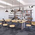Book Art Studio Workspace With Wooden Table Stools Bookshelves Books And Pendant Lights