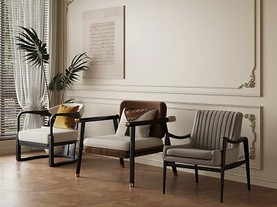 Modern Indoor Lounge Chairs With Upholstered Seats Wooden Frames And Decorative Pillows 3d model
