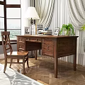 Cozy Wooden Desk Setup With Table Lamp Books Photo Frame Potted Plant And Wooden Chair