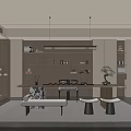 Elegant Tea Room Interior Design With Wooden Shelves Hanging Lights And Decorative Plant