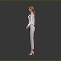 Woman In White Shirt And Light Gray Pants Standing With Arms Outstretched On Gray Background