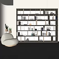 Modern Lighted Bookcase Interior With White Chair Green Plants And Decorations