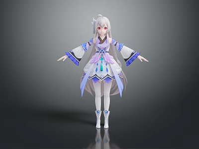 3D Fantasy Character With Long Silver Hair Purple Outfit And Mythical Creature Companion 3d model