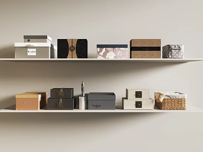 Elegant Decorative Ornament And Box Sets On Double Shelves With Neutral Tones And Textured Surfaces 3d model