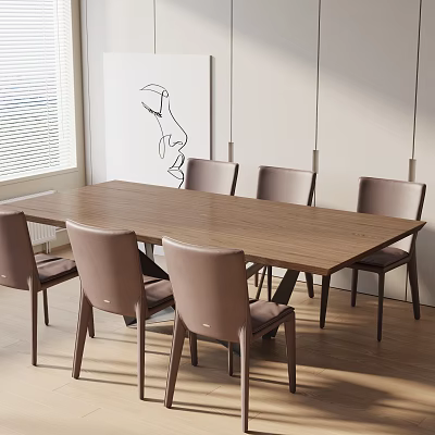 Modern Wooden Rectangular Dining Table Set With Light Brown Chairs And Minimalist Decorative Painting 3d model