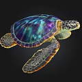 Colorful Sea Turtle With Purple Green Shell Yellow Edges And Spotted Skin Swimming