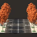 Vibrant Urban Streetscape With Orange Trees Bus Stops And BUS Lane Road