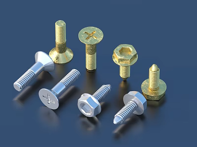 Assorted Metal Bolts and Screws with Cross Hexagon Head and Shiny Finish 3d model