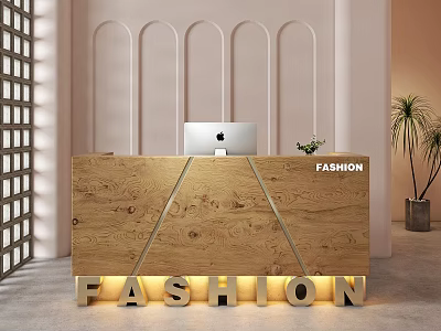 Store Front Desk Wooden Counter With Silver Lines Apple iMac FASHION Sign And Illuminated Letters 3d model