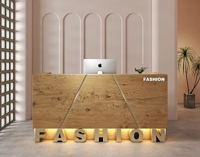 Store Front Desk Wooden Counter With Silver Lines Apple iMac FASHION Sign And Illuminated Letters 3d model