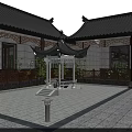 Traditional Ancient Chinese Architecture Courtyard with Carved Stone Screen Pine Trees and Tiled Roof