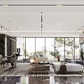 Modern Living Room Interior Design With Sofa Chandeliers Bookshelves And Large Windows
