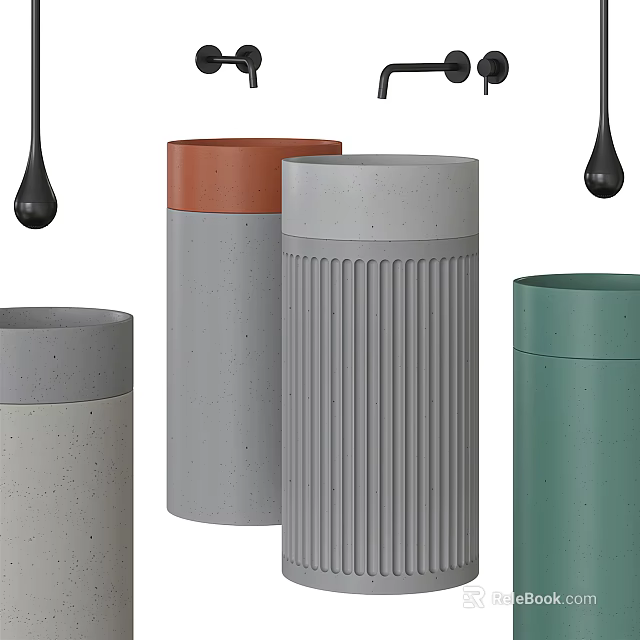 Modern Cylindrical Washbasins In Different Colors Featuring Textured And Smooth Concrete Surfaces 3d model 