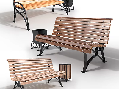 Wooden Outdoor Benches With Metal Legs For Park Garden Patio Seating 3d model