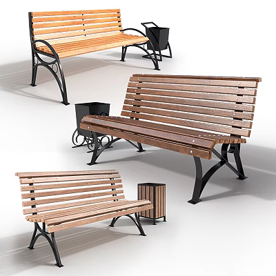 Wooden Outdoor Benches With Metal Legs For Park Garden Patio Seating 3d model