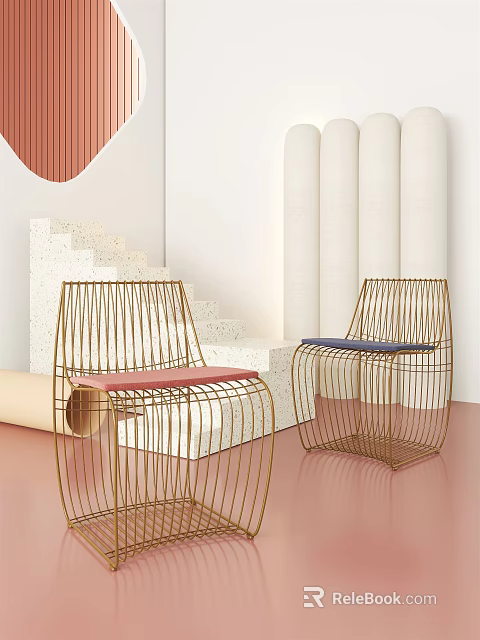 Modern Leisure Chairs With Metal Frame And Red Blue Cushions In Soft Tones Interior 3d model 